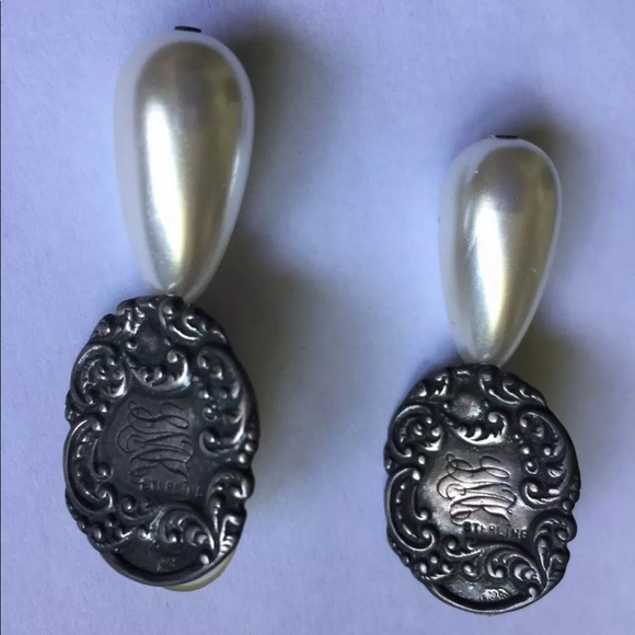 Vintage 1930’s Sterling Silver Repoussé Scroll Drop Earrings Faux Pearl Teardrop - Picture 5 of 8